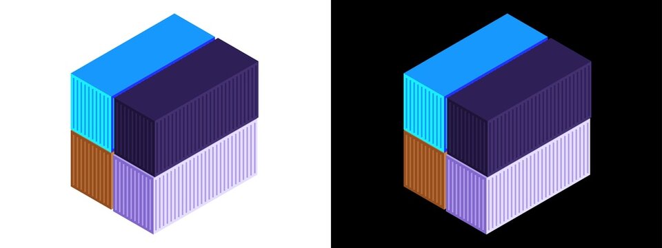 Isometric stacked shipping cargo containers, intermodal freight transport units on transparent background