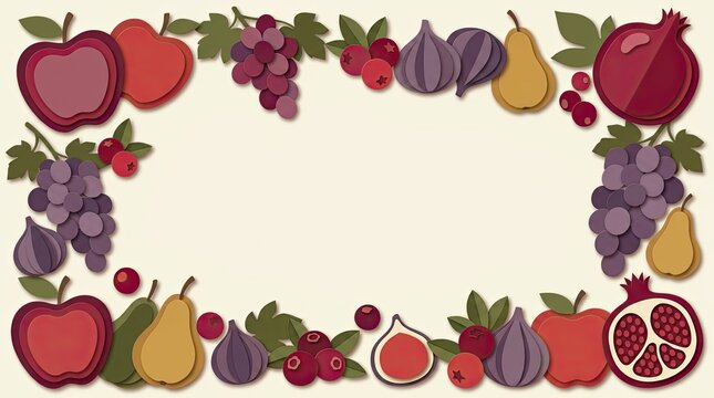 Colorful rectangular frame made of fresh mixed fruits and green leaves