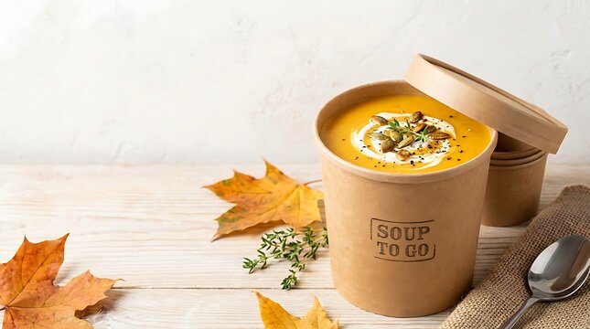 Delicious pumpkin soup in a paper cup with herbs and seeds