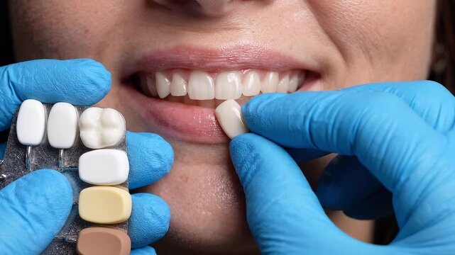 Dentist in blue gloves matching tooth shade with color chart near smiling woman mouth. Dental veneer crown selection and teeth whitening comparison for cosmetic