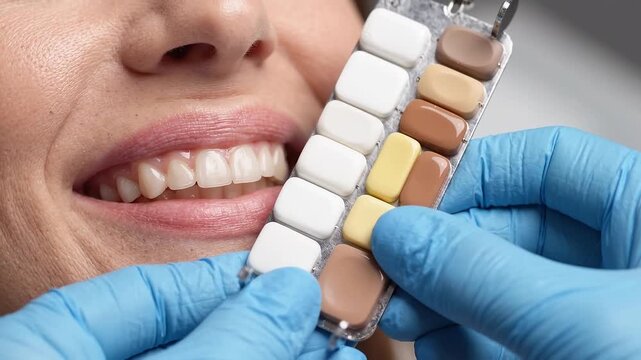 Dentist in blue gloves holding tooth shade guide near smiling womans mouth. Teeth color matching for dental veneers and crowns. Cosmetic dentistry and smile