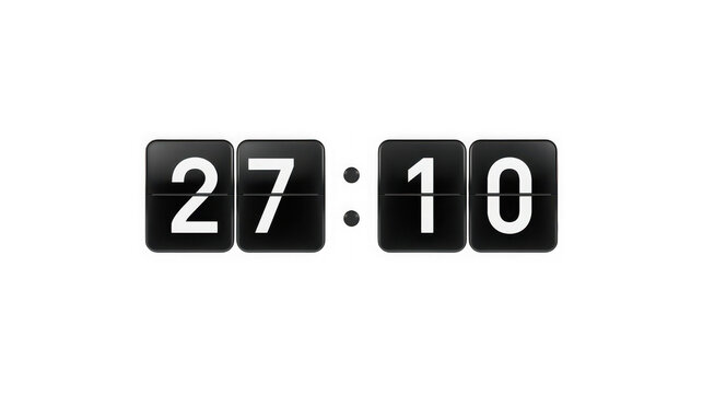 Flip clock displays the time 27:10 against a stark transparent background, symbolizing the passage of moments and the constant ticking of time.