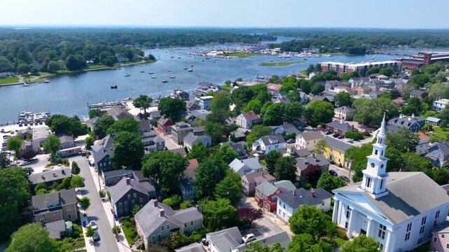 Warren waterfront yacht club aerial view at Barrington River, with town of Barrington on the left, Rhode Island RI, USA. 