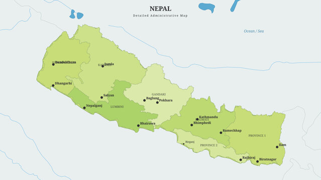 Detailed administrative map of nepal showing provinces, major cities and towns like kathmandu, pokhara, and biratnagar with geographic borders
