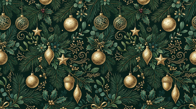 Christmas seamless pattern with golden ornaments and green pine branches for festive holiday design background.