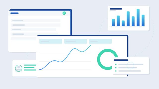 Premium seamless CRM animation showing customer data synchronization, contact validation, call analytics, business intelligence visualization and automated follow-up task workflow.