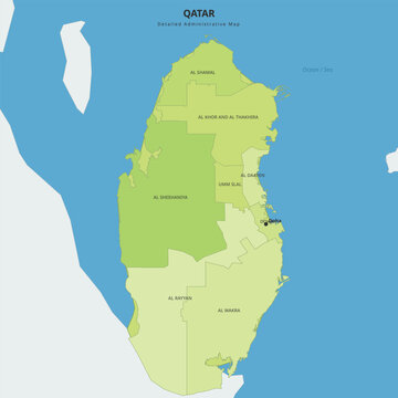 Detailed administrative map of qatar showing municipalities and the capital doha