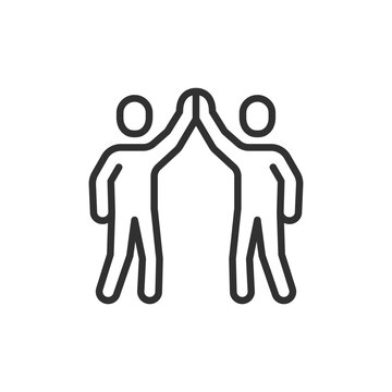 Two people high five, linear icon. Team celebration, mutual support and successful collaboration. Line with editable stroke.
