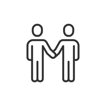 Two people holding hands, linear icon. Human connection, companionship and mutual support. Line with editable stroke.