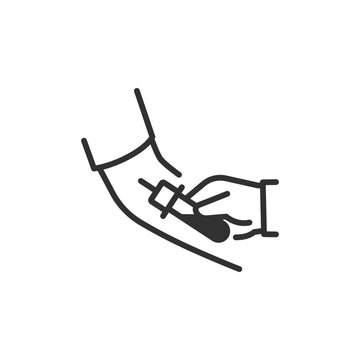 Venous blood draw, linear icon. Blood collection from a vein into a test tube. Line with editable stroke.