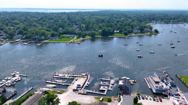 Warren waterfront yacht club aerial view at Barrington River, with town of Barrington on the left, Rhode Island RI, USA. 