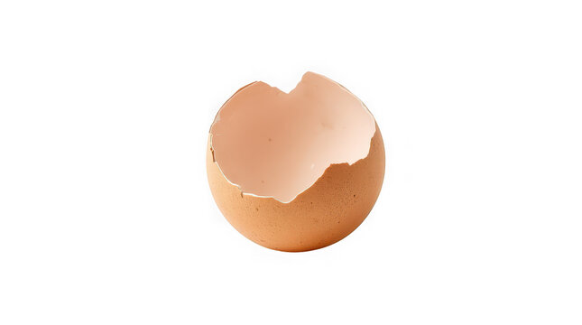 A single hollow brown chicken eggshell with jagged edges sits isolated on a pure transparent surface, representing emptiness or the aftermath of consumption.