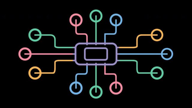 microchip circuit data network diagram animation Inward Data Stream Flow Converging Processor Hub Modern Creative Pastel 4K