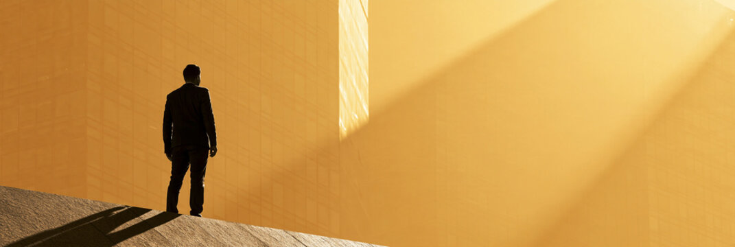 Silhouette eines Mannes steht vor orangefarbener Wand mit Lichtstreifen