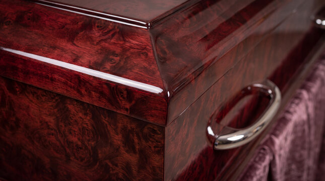 Polished dark wooden coffin detail highlighting the rich rosewood grain, reflective surface, and a silver handle, symbolizing respect and remembrance at a funeral service