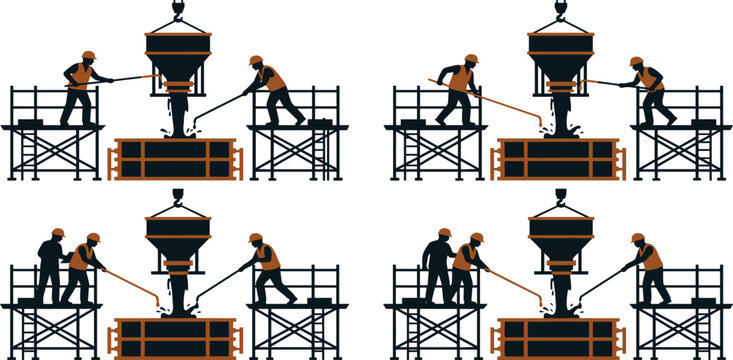Industrial steel foundry worker silhouette vector set pouring molten metal on scaffolding construction site