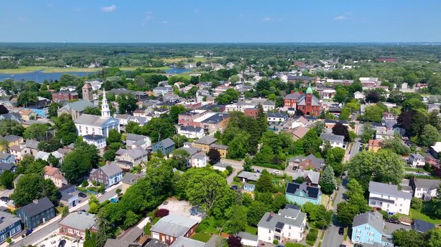 Warren town center aerial view on Main Street in summer, Warren, Rhode Island RI, USA. 