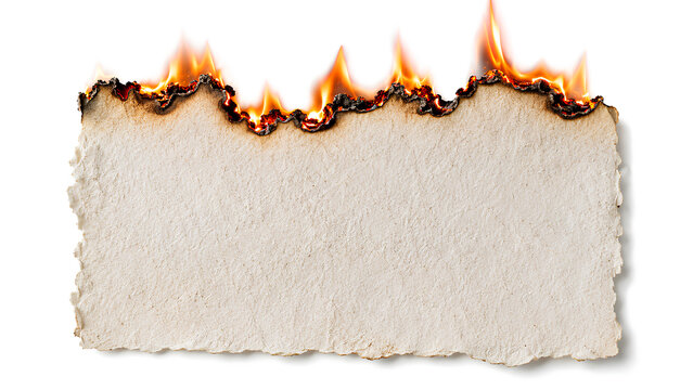 Rectangular piece of white parchment paper with heavily charred and smoldering top edge, glowing red embers and small flames isolated on clean white background