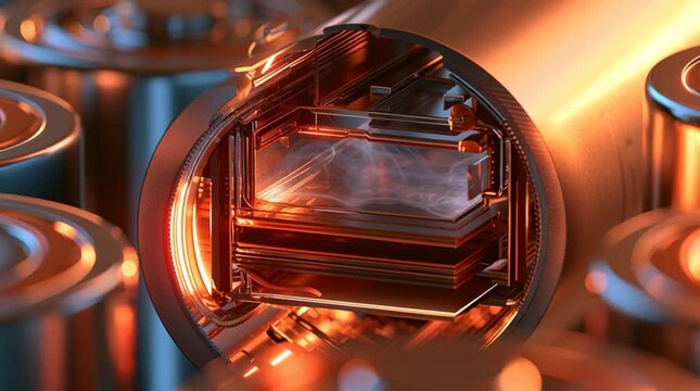 Energy storage and battery technology concept close-up of lithium-ion cells with glowing internal components industrial manufacturing and power innovation