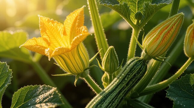 Yellow squash flower blooms with dew on plant in garden. Young zucchini fruit grows, bud forms on vine. Sunlight hits foliage, showcasing growth.