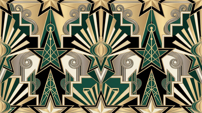 Ornate art deco christmas stars and fan motifs in gold and dark green for vintage festive seasonal decorative wallpaper.