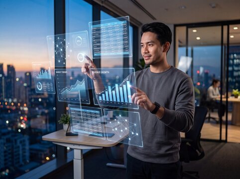 Young Southeast Asian Professional Analyzing Floating Financial Data