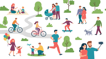 Fototapeta premium Vector set of people doing summer activities in city park walking jogging cycling skateboarding playing and taking selfie