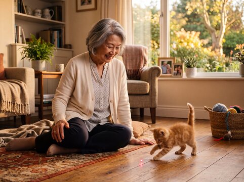 Senior East Asian woman watching kitten chase laser light