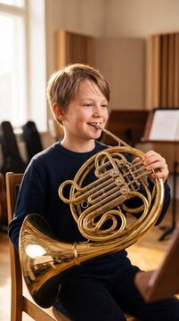Young Scandinavian Boy Playing French Horn in Dramatic Light