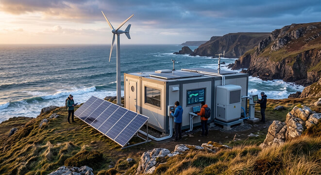 Prefabricated self sufficient research station with solar panels and wind turbine on coastal bluff for climate study