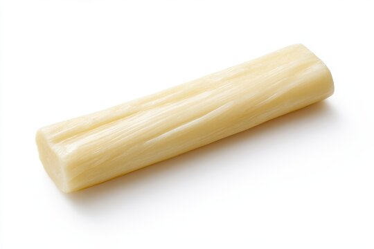 Macro shot of chewy cheese string with glossy texture on white backdrop
