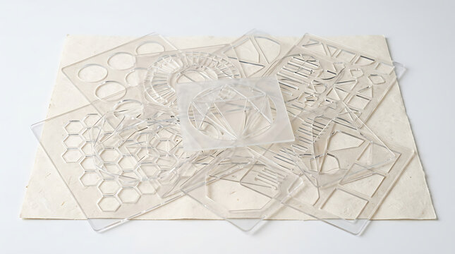 Clear acrylic geometric drawing stencils layered on textured paper