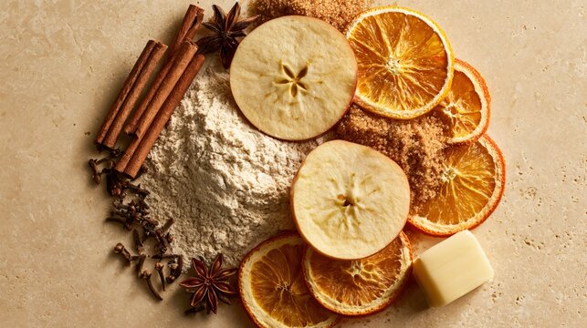 An autumn baking ingredients flat lay featuring apple slices, dried orange wheels, cinnamon sticks, cloves, star anise, flour, brown sugar, and butter arranged in a circular composition