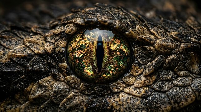 Crocodile eye closeup reveals intricate scale texture and golden iris