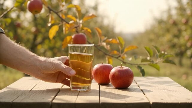 Hand placing a glass of fresh apple juice on a rustic wooden table in a sunny orchard next to ripe red apples