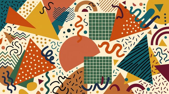 Abstract Memphis geometric pattern background with retro shapes triangles squiggles grid dots in earthy fall autumn colors for happy thanksgiving seasonal banner poster backdrop texture