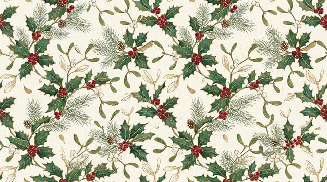 Vintage style Christmas holly and mistletoe seamless pattern background.