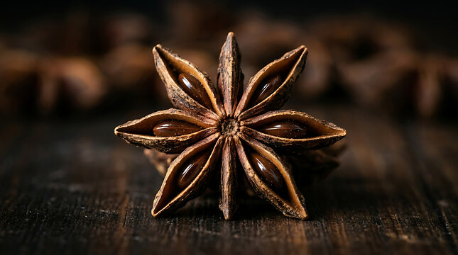 Star anise spice centered on a rustic dark wooden surface