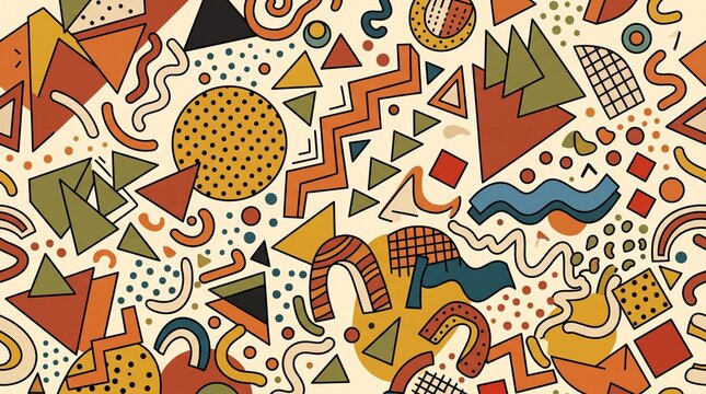 Retro Memphis abstract seamless pattern background with geometric shapes, squiggles, triangles and dots in warm autumn colors for Thanksgiving wallpaper, textile and modern wrapping paper