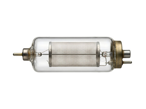 Vintage-style vacuum tube with metal electrodes and transparent glass casing isolated.