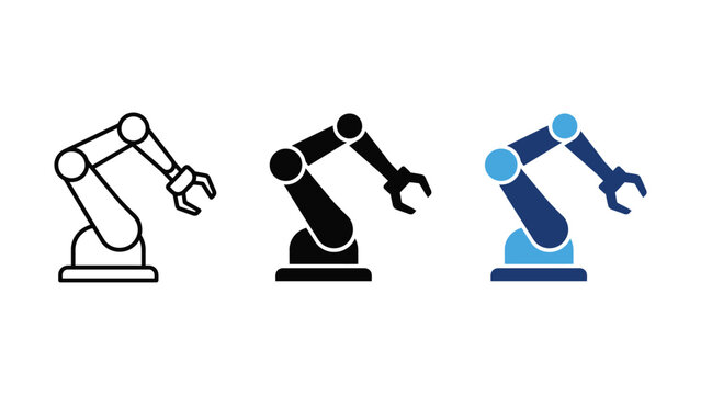 Industrial robotic arm icons vector illustration set, automation manufacturing technology concept