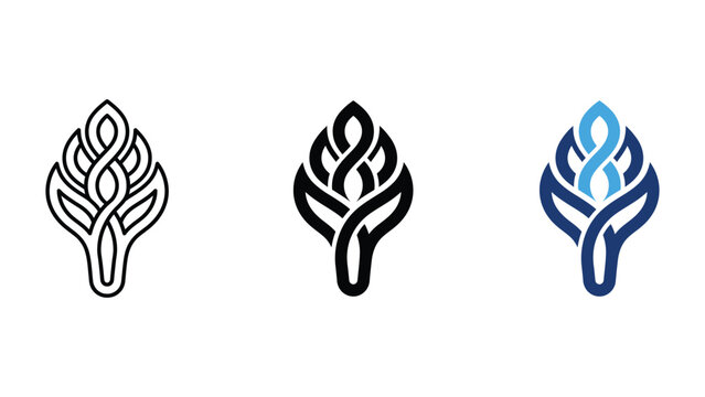 Abstract leaf logo set in outline, solid black, and blue styles creative plant symbol concept vector icon