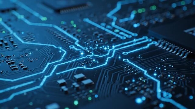 Microchip circuit board close-up displaying glowing electrical pathways and integrated components.
