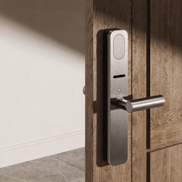 Electronic smart door lock with card reader and handle on a wooden door   