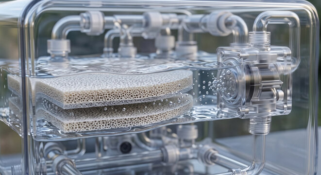 Filter membrane assembly macro detail in transparent decentralized wastewater recycling unit with water micro bubbles