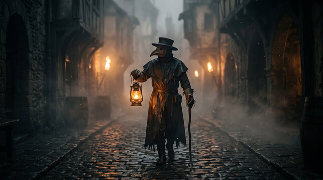 Plague doctor in traditional mask walking through misty medieval street, mysterious physician with lantern in dark alley, historical gothic horror scene