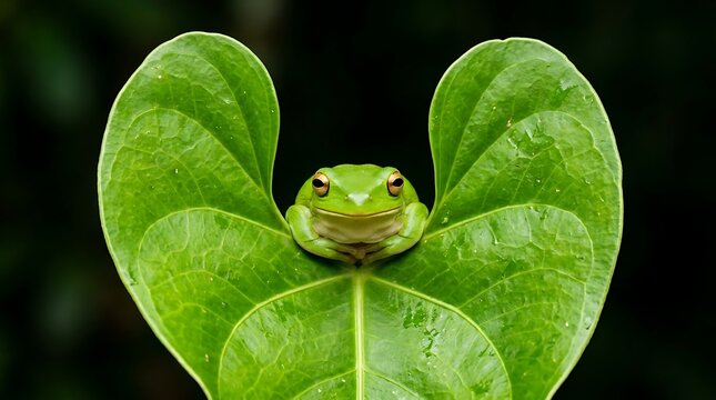 Green tree frog rests on a vibrant textured leaf in a natural setting