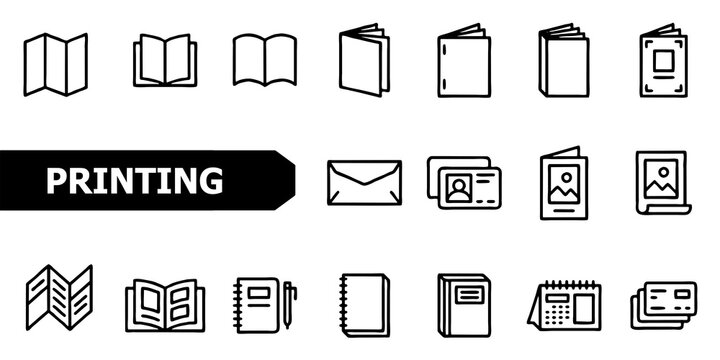 Book and Print Collateral Line Icon Set. Brochure, Catalog, Flyer, Envelope and Letterhead. Editable Stroke. Vector Illustration.