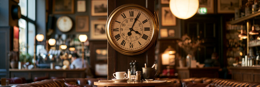 Gro&szlig;e Wanduhr mit r&ouml;mischen Ziffern in einem gem&uuml;tlichen Caf&eacute;