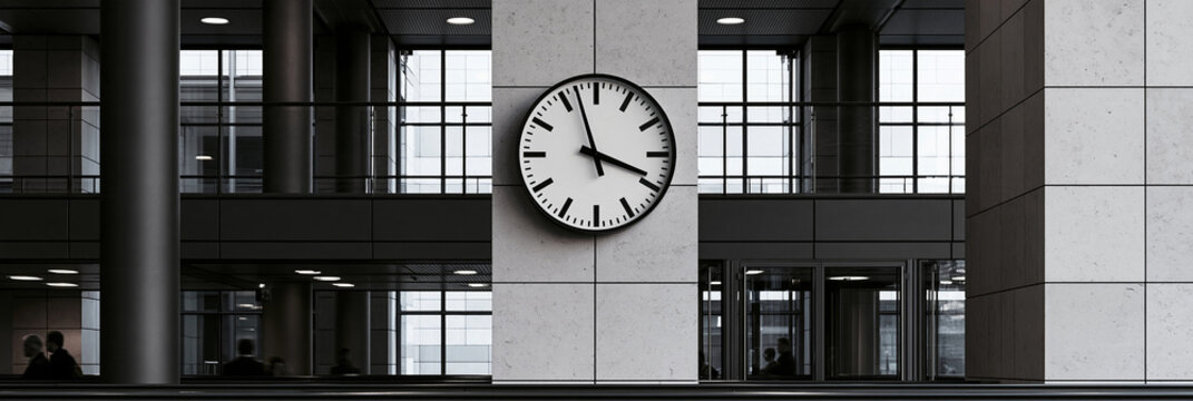 Runde Wanduhr an Geb&auml;udefassade mit Fenstern in Schwarz-Wei&szlig;